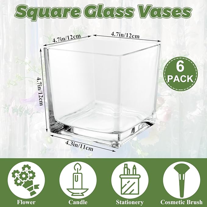 6 Pack 5 x 5 x 5 Inch Square Glass Vases, Clear Square Vases for Centerpiece, Cube Flower Vase for Candle Holder Events Wedding Party Home Decoration
