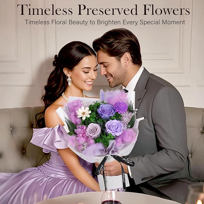 Preserved Flowers Bouquet - Forever Flowers for Delivery, Real Eternal Roses Bouquet Gifts for Women Mother Mom Girlfriend Wife Anniversary Birthday Present for Her, Light Purple