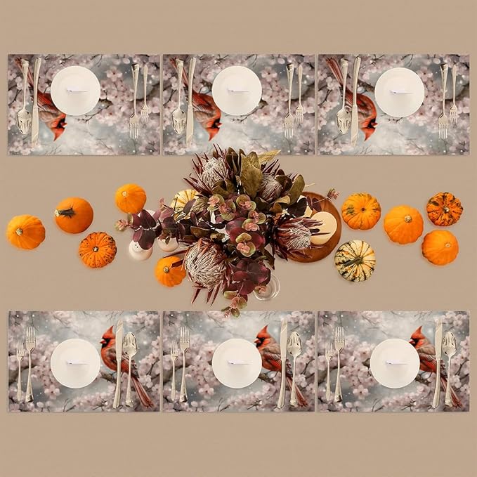 PVC Placemats Set of 4 Winter Red Cardinal Flower Wipeable Table Mats Washable Heat Resistant Non Slip Vinyl Dining Table Mat for Kithen Indoor Outdoor Patio Farmhouse Place Mats Decorative