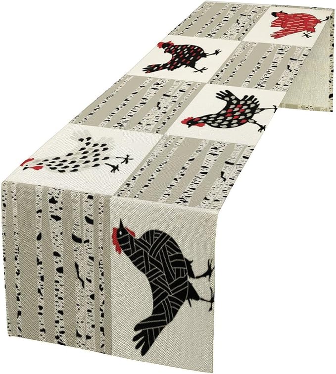 Farmhouse Rooster Table Runner, Rustic Farm Animals Funny Chicken Dinner Runner for Country Farmhouse Home Kitchen Dinner Table Party Decoration 13x108in