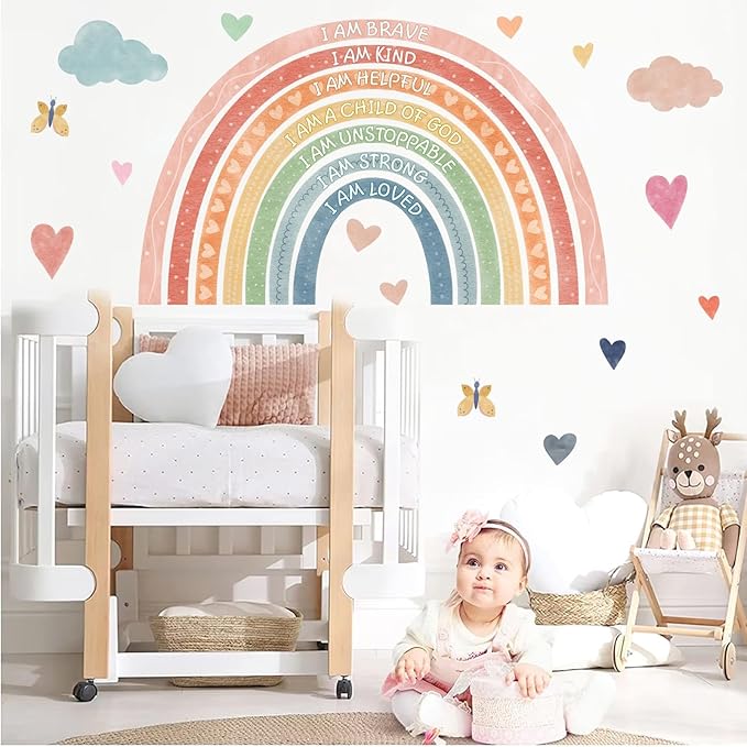 Large Rainbow Wall Stickers Kids Inspirational Wall Decal Peel and Stick Boho Rainbow Walls Decals for Baby Girls Bedroom Pastel I Am Motivational Art Mural for Nursery Playroom Decor 44.5"x73.4"