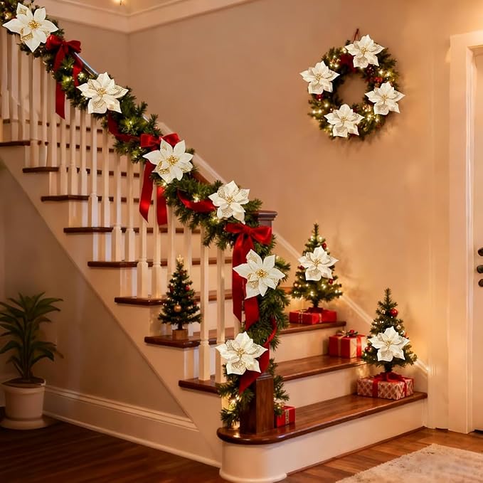 24 Pcs Christmas Poinsettia Flowers Artificial with Clips, 5.9" Christmas Decor Glitter Poinsettia Flowers for Christmas Tree New Year Wedding Party Wreath DIY Garland Decor (Gold)