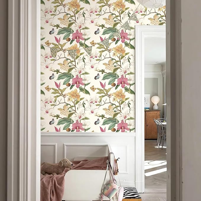 Vintage Floral Peel and Stick Wallpaper Floral Contact Paper 16.9inchx196.8inch Multicolor Flowers Butterfly Wallpaper Leaf Boho Self Adhesive Removable Wall Paper for Bedroom Decorative