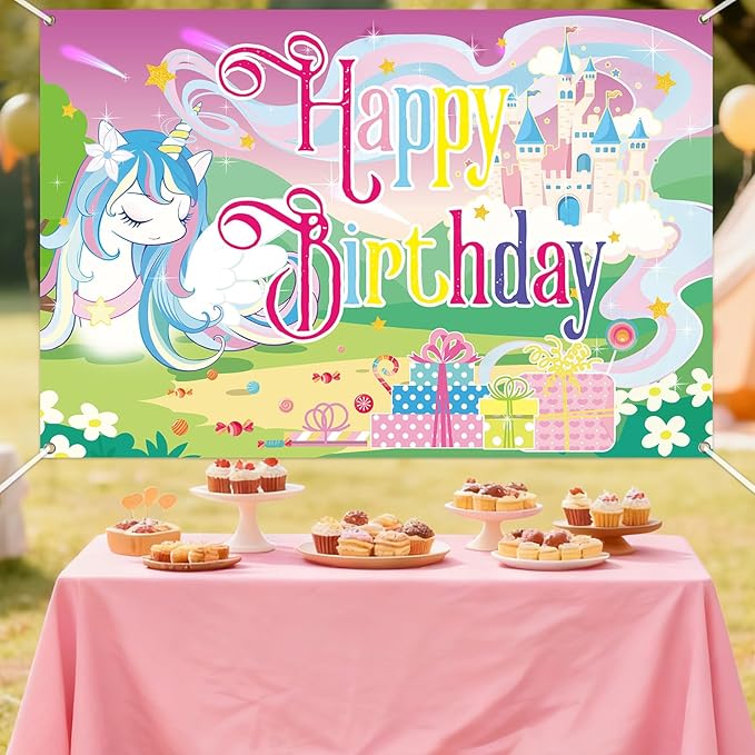 Unicorn Birthday Backdrop Banner, 150x100cm/59x39.37 Inch Happy Birthday Cartoon Theme Decoration Rainbow Unicorn Background Banner Photo Props for Party Girl Kid