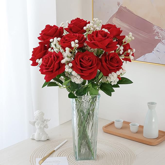 Waipfaru 20 Pcs Fake Red Roses Babys Breath Artificial Flowers Bulk, Silk Red Rose Faux Babys Breath with Long Stems for Wedding Bouquet Vase Flower Arrangement