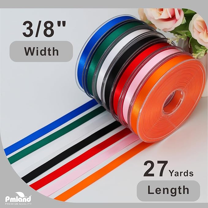 PMLAND Black Fabric Satin Ribbon 3/8'' Inch x 27 Yards Double Faced Use for Crafts Gift Wrapping Floral Bouquets Ornaments Hair Bows Party Decoration