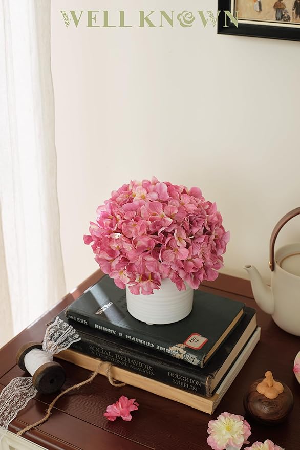 Hydrangea Fake Flowers in Vase, Artificial Flowers with Ceramic Vase Small Faux Potted Floral Arrangements for Bathroom Home Desk Kitchen Counter Vanity Shelf Coffee Table Centerpiece Decor (Hot Pink)