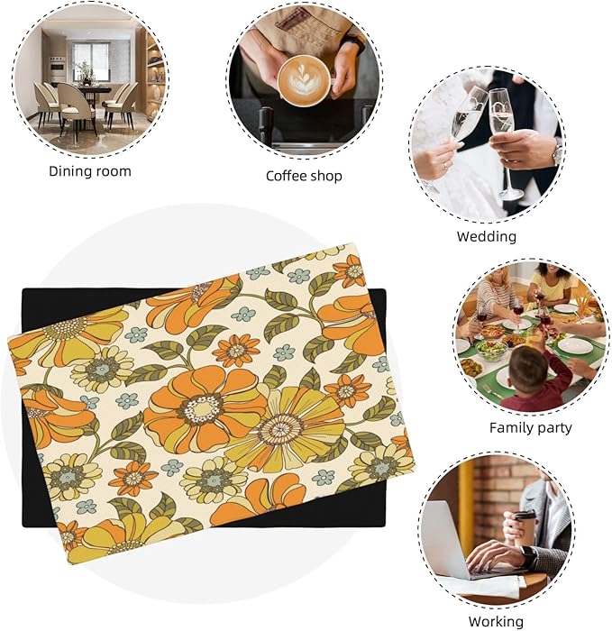 Vintage Floral Placemats, Orange 70s Rustic Natural Hippy Boho Floral Plant Print Washable Fabric Placemats Table Kitchen Dining Party 12x18 Inch Set of 4