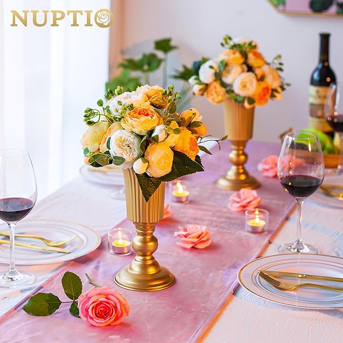 Nuptio Pcs of 2 Flowered Metal Trumpet Vase Elegant Wedding Centerpieces Vase for Wedding Party Decoration, 23.2cm/9.13" Tall Artificial Flower Arrangements for Anniversary Ceremony