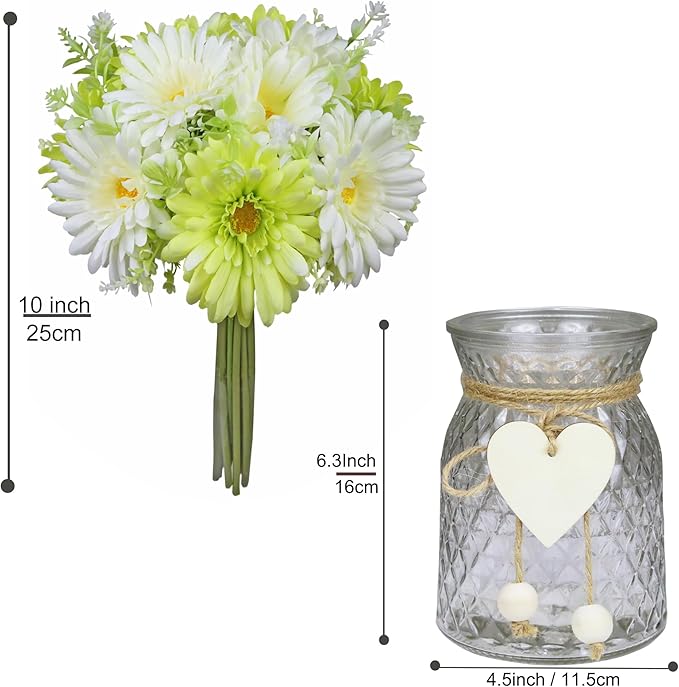 Artificial Daisy Flowers Vases for Table Centerpiece Decor, Lifelike Fake Silk Spring Flowers, Perfectly Mimics Real Daisy and Spring Blooms (Green & White with Glass Vase)