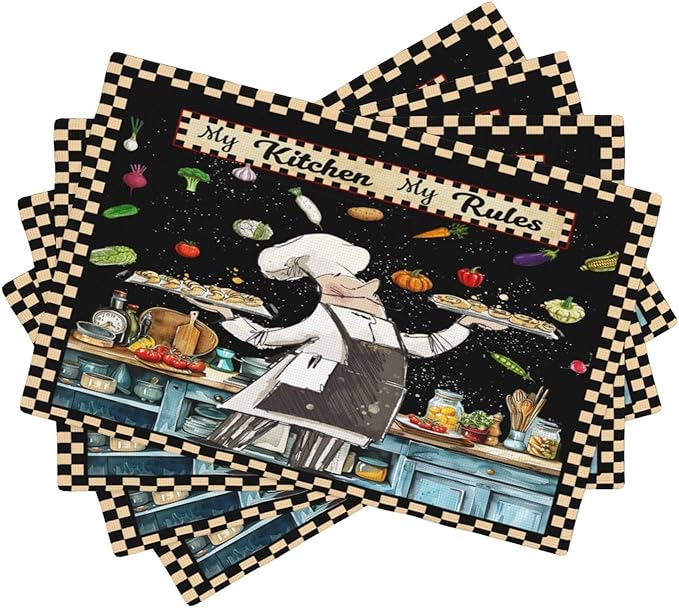 Gourmet Chef Placemats Vintage Rustic Plaid Cutlery Knives Cooking Vegetables Fruits Kitchen Utensils ation Placemats Table Kitchen Dining Party 12x18 Inch Set of 6