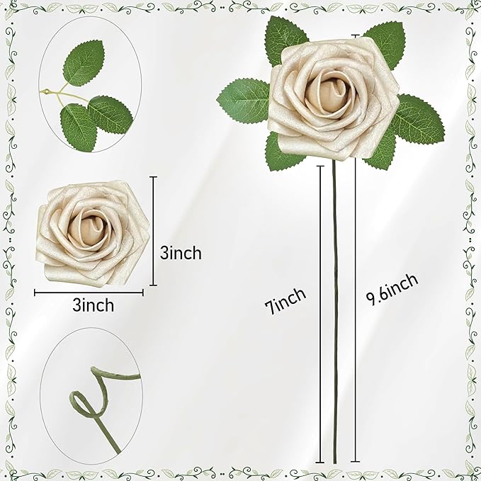 Artificial Flowers, 25pcs Champagne Light Gold Rose for DIY Wedding Bouquets Centerpieces Arrangements, Artificial Rose with Stem for Bridal Shower Party Home Decorations