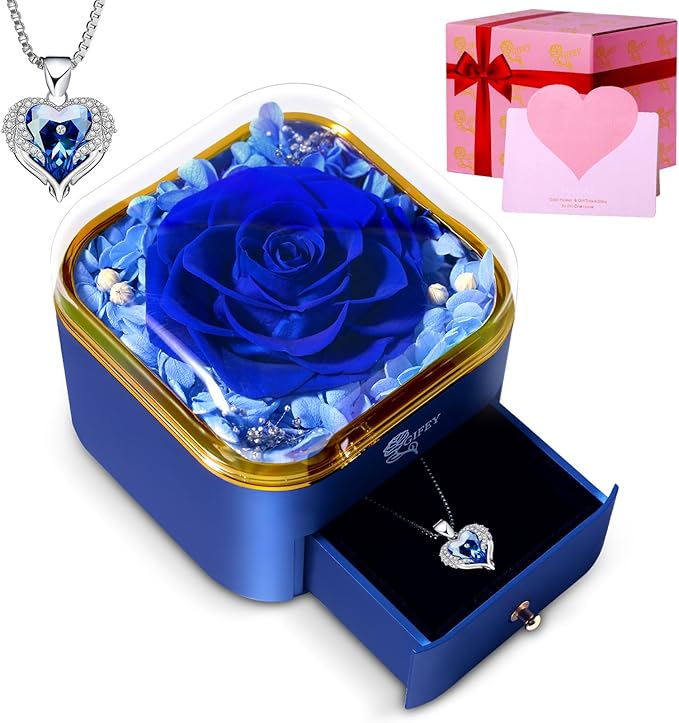 Christmas Birthday Gifts for Women,Preserved Blue Rose with I Love You Necklace,Preserved Flowers Gifts for Mom Girlfriend Women Wife Gifts Idea on Birthday Anniversary Christmas Valentines Day