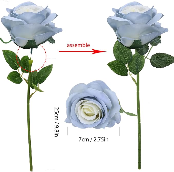 Felice Arts 12 Pack Ice Blue Artificial Flowers with Stems Silk Roses Fake Flowers Bouquet for Wedding Centerpiece Table Vase Home Kitchen Party DIY Decor