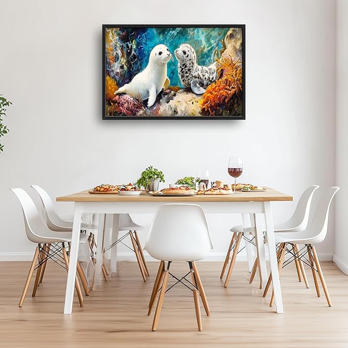 Extra Large Seal Framed Wall Art for Living Room,Oversized Underwater Animal Pictures Wall Decor,Ocean Coral Reef Canvas Print Painting Modern Artwork Bedroom Office Bathroom 36L x 24W