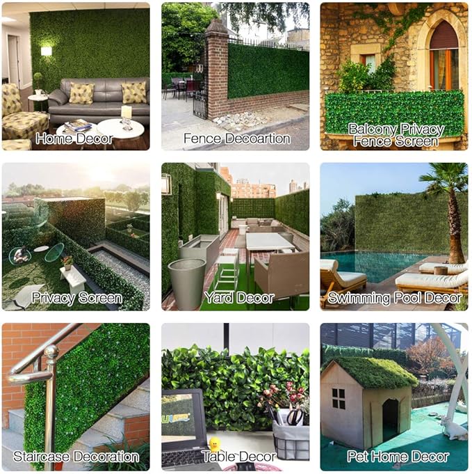 ULAND Artificial Hedges Panels, Topiary Fence Screening, Faux Greenery Grass Backdrop, Outdoor Privacy Wall Garden Fence Decoration, Pack of 12pcs 20"x20"