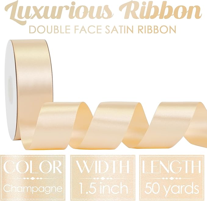 MEEDEE Champagne Satin Ribbon 1-1/2 Inch Champagne Ribbon Lux Double Faced Satin Ribbons by 50 Yards Polyester Satin Ribbons for Crafts, Wedding, Flower Bouquet, Holiday Decorating