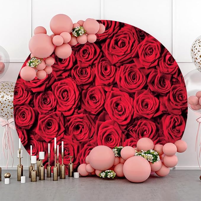 Renaiss 4x4ft Red Rose Round Backdrop Covers for Photoshoot Girls Women Portrait Crimson Flowers Flowerbed Photography Background Wedding Bridal Baby Shower Birthday Party Decor Photo Booth Prop