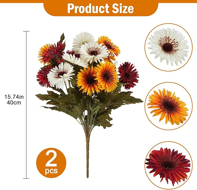 HUAESIN Artificial Fall Mum Flower for Outdoors 2 Bundles Autumn Cemetery Flowers Silk Daisy Bulk Plants for Home Porch Patio Farmhouse Thanksgiving Porch Garden Pots Planter Decor