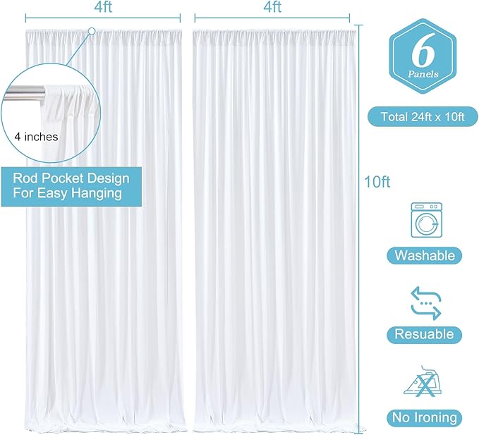 White Backdrop Curtains 6 Panels, 10 Feet Wrinkle-Free Polyester Photography Backdrop Drapes for Wedding Baby Shower Party Background Backdrop Stand- 24 X10FT (White)