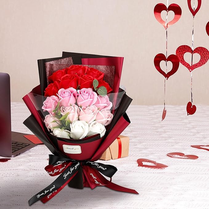Roses Bouquet Artificial Flower - Preserved Red Rose Flowers with Love Necklace for Her Unique Gift for Birthday, Valentine's Day, Mother's Day, Thanksgiving, Christmas, Anniversary (Pink and Red)