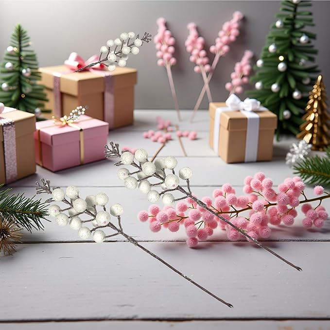 24 Pack Christmas Glitter Berries Stems, 8.66 Inch Artificial Christmas Tree Picks,Holly Berry DIY Xmas Wreath, Crafts, Holiday Clearance and Home Decor, Milk White