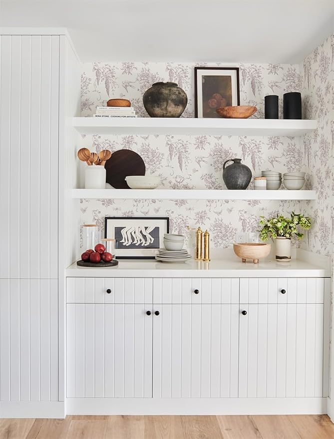 Vintage Floral Peel and Stick Wallpaper Red Floral Contact Paper 16.9"x118.1" Cream White and Red Flowers Bird Self Adhesive Wallpaper for Bathroom Waterproof Removable Wall Paper Cabinets Decorative