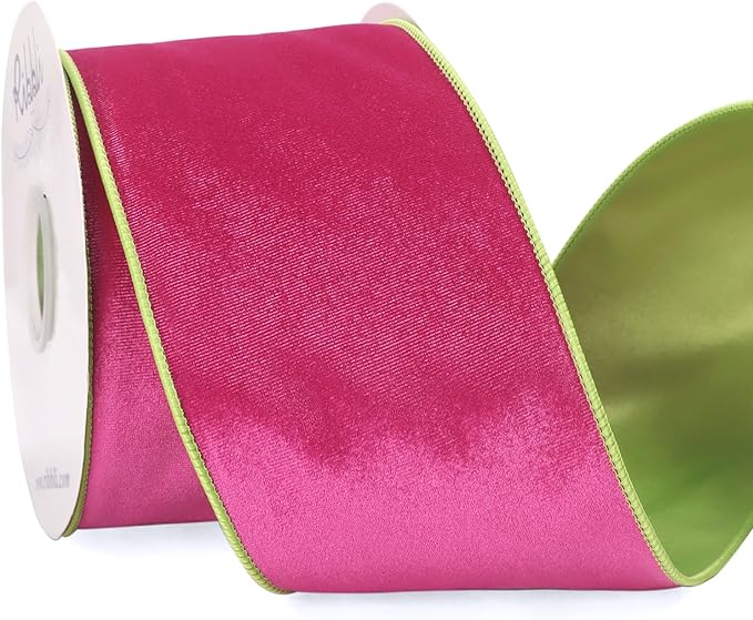 Ribbli Hot Pink Lime Green Velvet Wired Ribbon 4 Inch Velvet with Satin Christmas Ribbon for Gift Wrapping Christmas Tree Decoration Crafts Wreaths Supplies-Continuous 10 Yards
