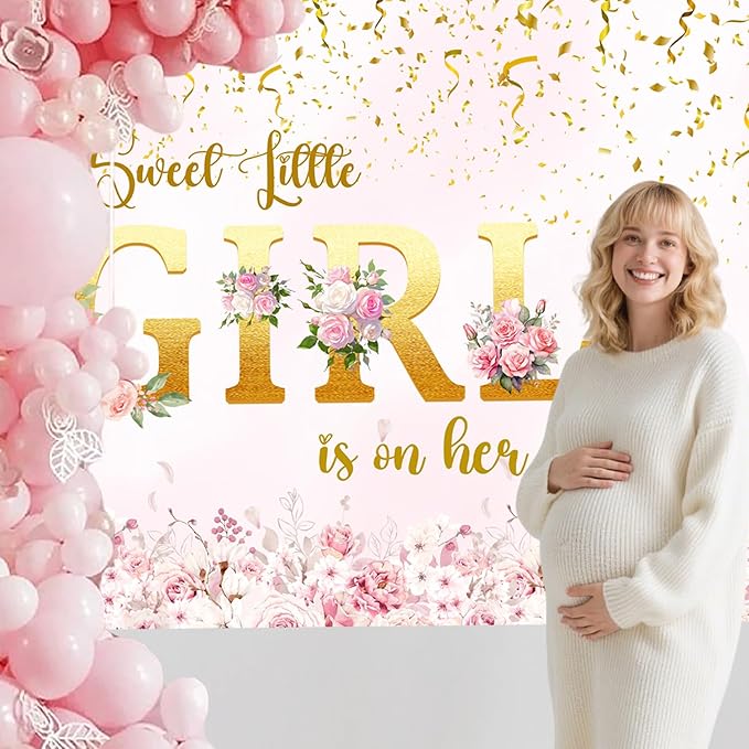 A Sweet Little Girl is on Her Way Backdrop 10x6.5FT – Pink Floral Baby Shower Banner with 19.68FT Ribbon, Double-Stitched Edges & 4 Brass Grommets, Reusable Girl Party Decorations & Photo Booth Props