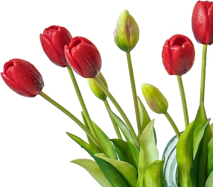 15pcs Artificial Tulips Flowers, Real Touch Latex Bouquet, Fake Tulips for Office Wedding Party Home Kitchen Garden Decoration-B Red