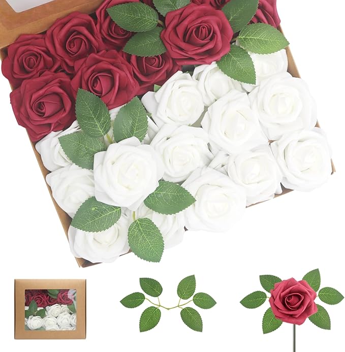 100PCS Artificial Flowers Wine red & White Roses Real Looking Foam Fake Roses with Leaves for DIY Wedding Bouquets Bridal Shower Centerpieces Party Decorations (Wine red & White, 100)