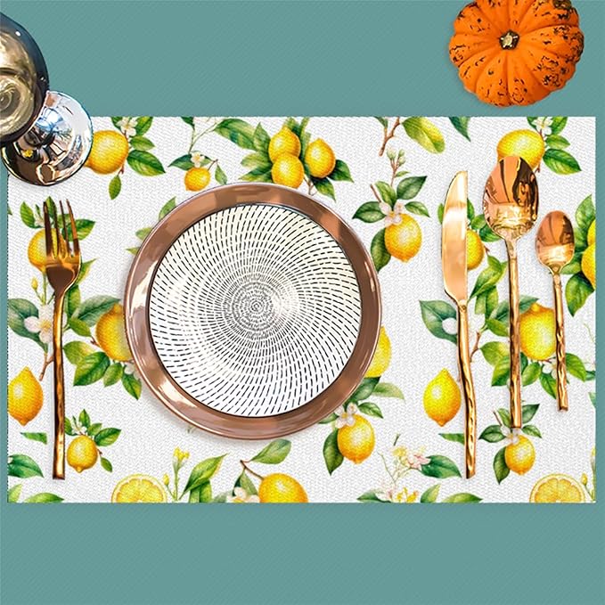 Lemon Tropical Summer Placemats Set of 6 PVC Vinyl Non Slip Table Mats Waterproof Heat Resistant Place Mats Washable Wipeable Dining Table Mat for Kitchen Party Indoor Outdoor Decorative