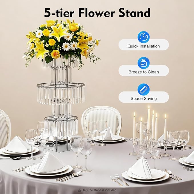 5 Tiers Wedding Centerpieces Vase, 43.3In Silver Acrylic Flower Vase with Hanging Crystals, Square Chandelier Pedestal Stand for Party Table Decoration Lawn Hotel