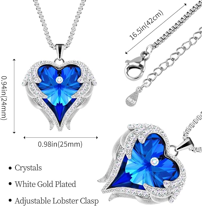 Preserved Rose with Angel Wings Necklace Gift Set for Women.Eternal Rose Gifts for Mom Grandma on Mother's day. Heart Shaped Preserved Rose Box Gift for Her on Valentine's day Anniversary.