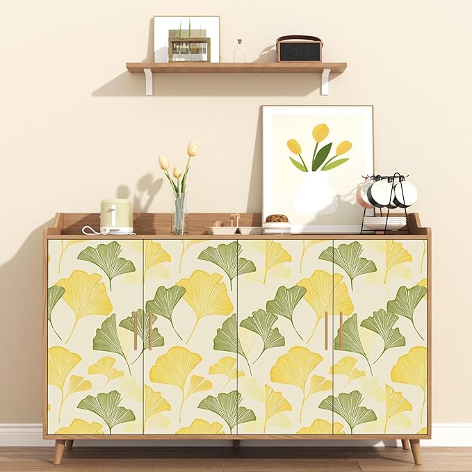 Gingko Wallpaper Peel and Stick, Yellow/Green Leaf Contact Paper, Vintage Autumn Botanical Leaves Wall Paper 17.5" x 118" Self Adhesive Removable Waterproof for Bedroom Shelves Cabinet Drawer Table
