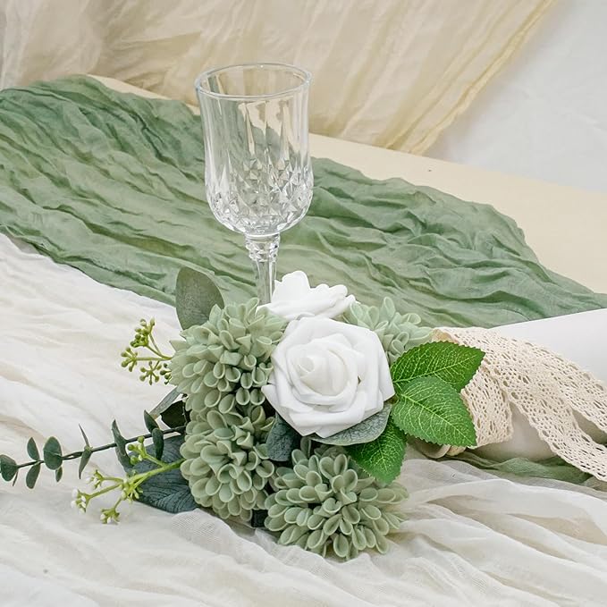 Artificial Flowers, 50pcs Sage Green Artificial Rose for DIY Wedding Bouquets Centerpieces Arrangements, Sage Green and White Dahlia Flowers with Stem for Bridal Shower Party Home Decorations