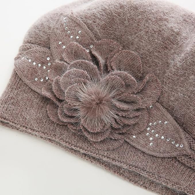 Flower Women Beret, Double Layer Thickened Winter Knitted Beanie Beret Hat, Stylish French Dress Beret Hats for Women
