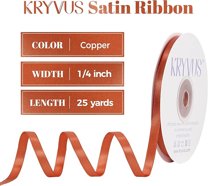 Copper Satin Ribbon, Double Faced 1/4 Inch X 25 Yards Copper Ribbon, Premium Satin Ribbon for Gift Wrapping, Crafts, Hair Bow Making, Sewing, Flower Bouquet, Wedding Party Decor