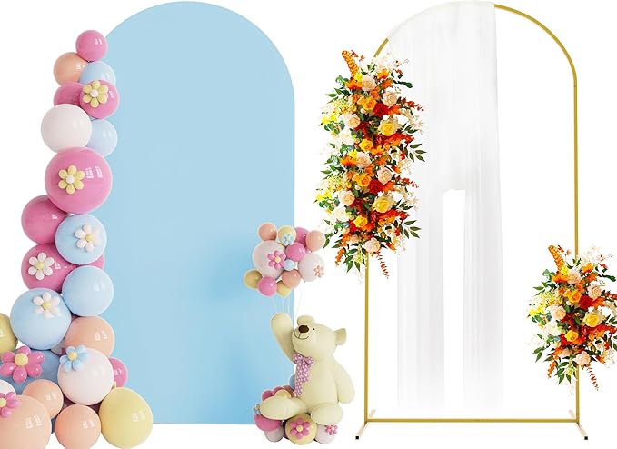 Putros 6.6ft Metal Arch Stand with Cover Dusty Blue Spandex Fitted Wedding Arch Cover and Round Top Chiara Backdrop Stand Set for Birthday Party Baby Shower Decoration