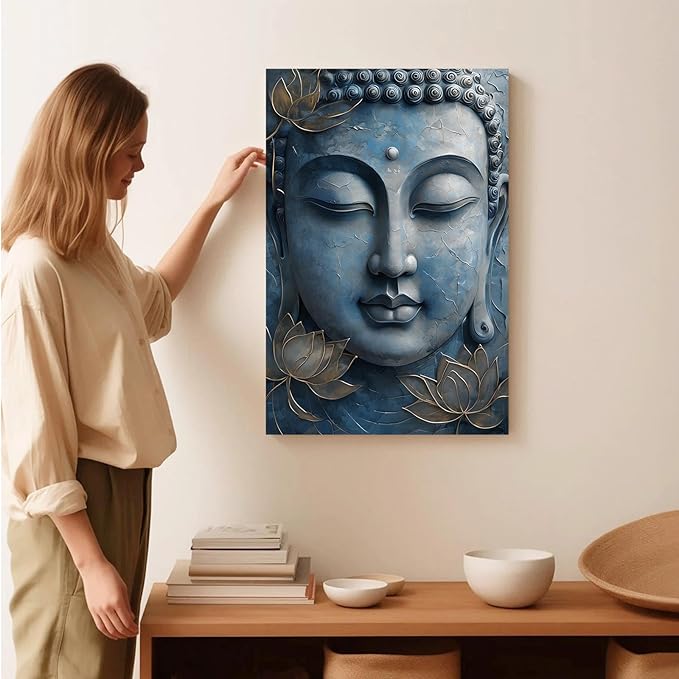 Canvas wall art Golden lotus crown Serene Buddha poster Ethereal blue toned art with delicate floral decor Zen wall art for a tranquil meditation space 20x30in Wood Framed