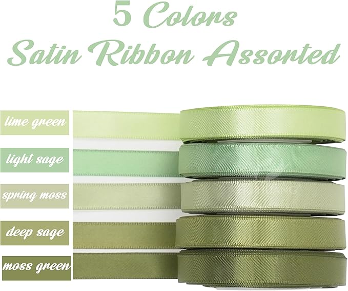 HUIHUANG Sage Green Assorted Satin Ribbon 3/8 inch x 50 Yards - 5 Colors, Perfect for Wedding Decor, Gift Wrapping, Crafts & More