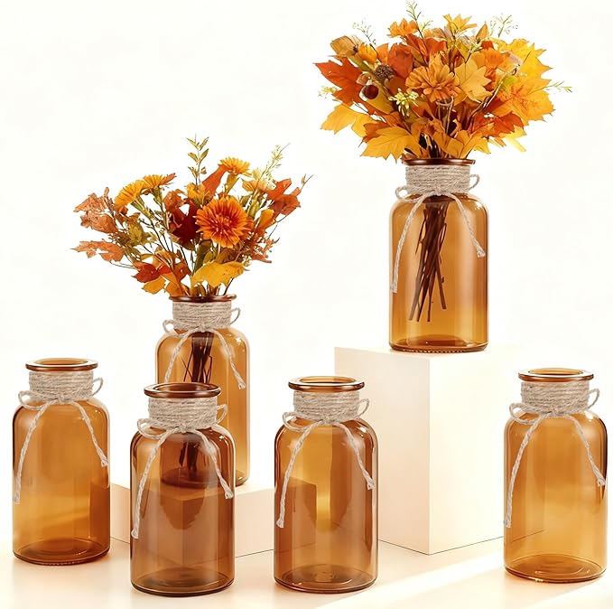 Vintage Glass Flower Vase，6 Pack Farmhouse Amber Gold Glass Centerpiece Vases Mason Jars for Christmas Weddings, Parties & Home Decor Bulk (6, Amber)