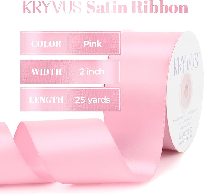 Pink Satin Ribbon, Double Faced 2 Inch X 25 Yards Pink Ribbon, Premium Satin Ribbon for Gift Wrapping, Crafts, Hair Bow Making, Sewing, Flower Bouquet, Wedding Party Decor