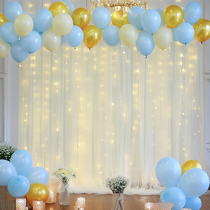 10ft x 8ft Ivory Backdrop Curtain with Lights String for Parties, Sheer Tulle Wedding Photo Backdrops Drapes for Baby Shower Birthday Party Decorations Background for Photography