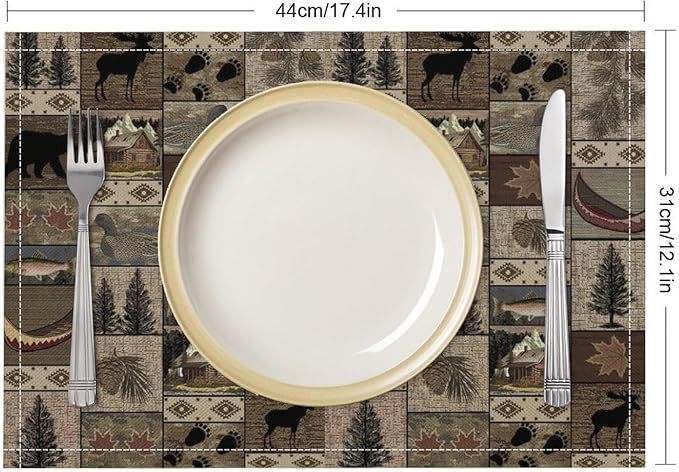 Retro Rustic Bears Deers Lodge Placemats Set of 4, Vintage Cabin Country Farmhouse Style Place Mats, Heat Resistant Non Slip Cotton Linen Dining Table Mats for Home Kitchen Party 18x12 Inch