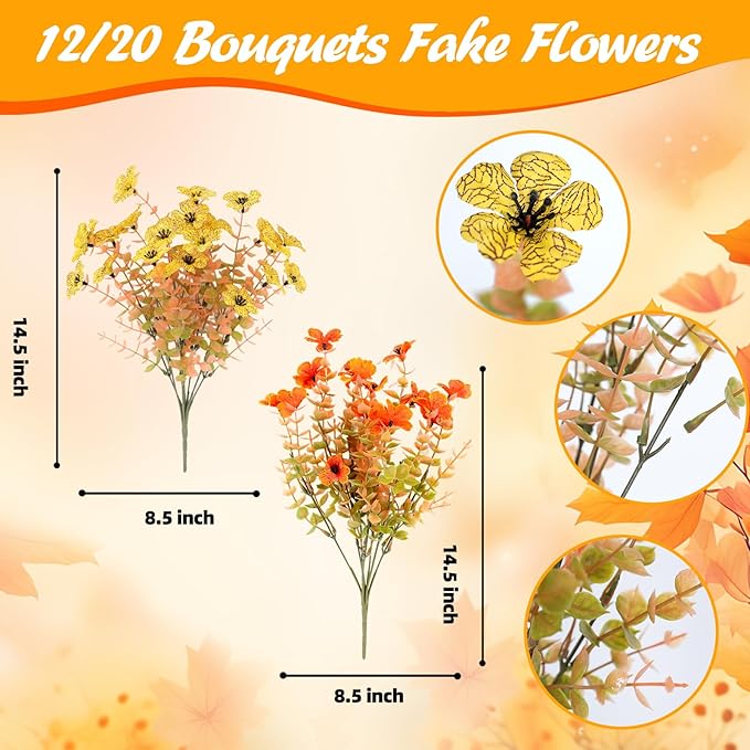 12 Bundles Artificial Fake Mums Flowers for Outdoor Faux Silk Orange Yellow Daisy Realistic UV Resistant No Fade Fake Plants Flowers for Planter Porch Patio Indoor Thanksgiving Decor