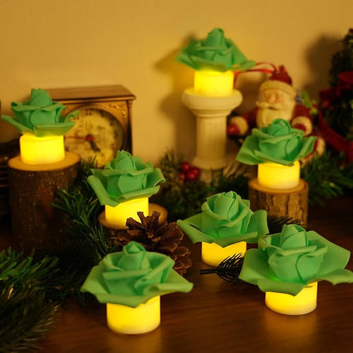 12 Pack LED Tea Lights Candles with Artificial Rose Petals, Flameless Battery Operated Candles,Romantic Decorations Special Night Set for Valentines,Wedding Decor (Green, 12 Pack)