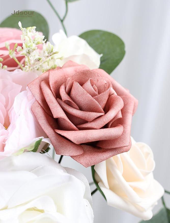 25pcs Artificial Flower，Real Looking Foam Roses w/Stem for DIY Wedding Bouquets Centerpieces Bridal Shower Party Decor-Shades of Burgundy