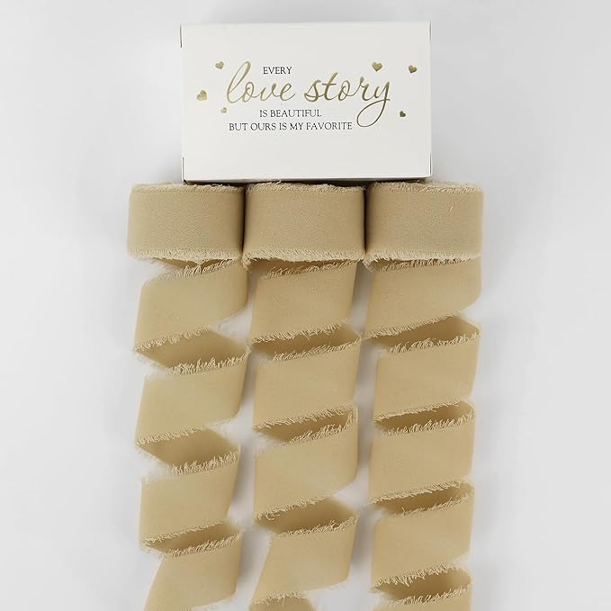 MEEDEE Khaki Chiffon Ribbon 1 Inch Fringe Ribbons Cream Chiffon Silk Frayed Edge Ribbon Thin Chiffon Ribbons for Crafts, Gift Wrapping, Wedding Invitation (3 Rolls 21 Yards)