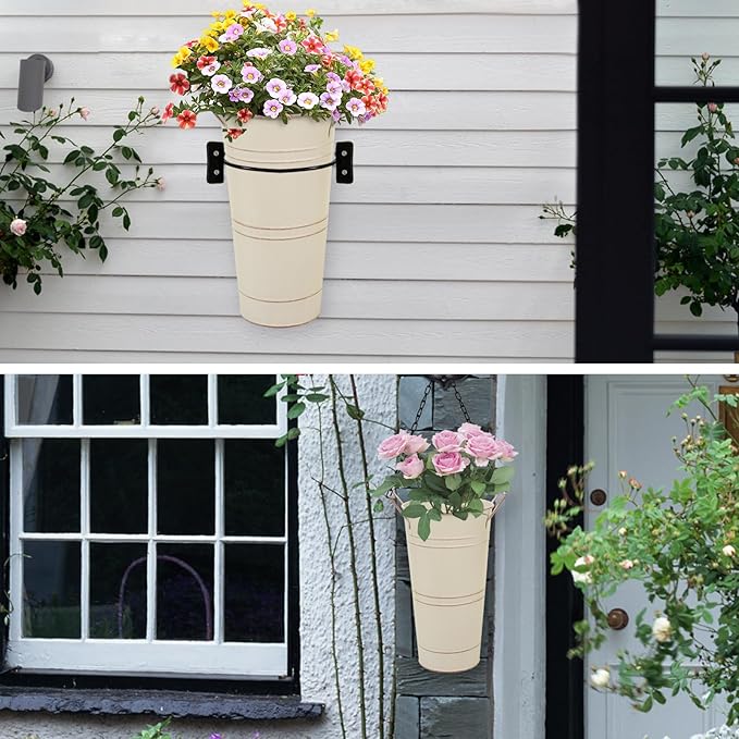 Notakia 10.62 Inch Galvanized Metal Vases Farmhouse French Flower Bucket Vases for Cut Flowers for Home Decor and Wedding Table Centerpiece Decorations (Medium Size Beige 4Pcs)